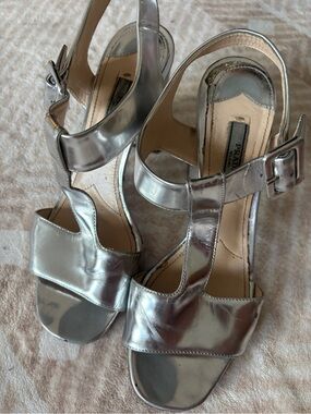 Prada Silver Metallic T-Strap Heeled Sandals